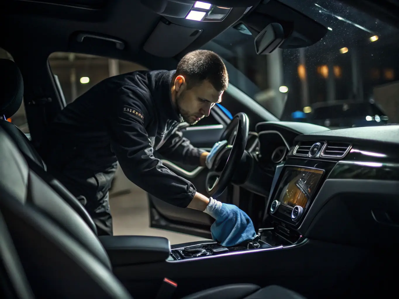 A close-up image of a professional detailer carefully cleaning the dashboard and vents of a luxury car interior, highlighting the use of specialized tools and microfiber cloths in a well-lit garage.