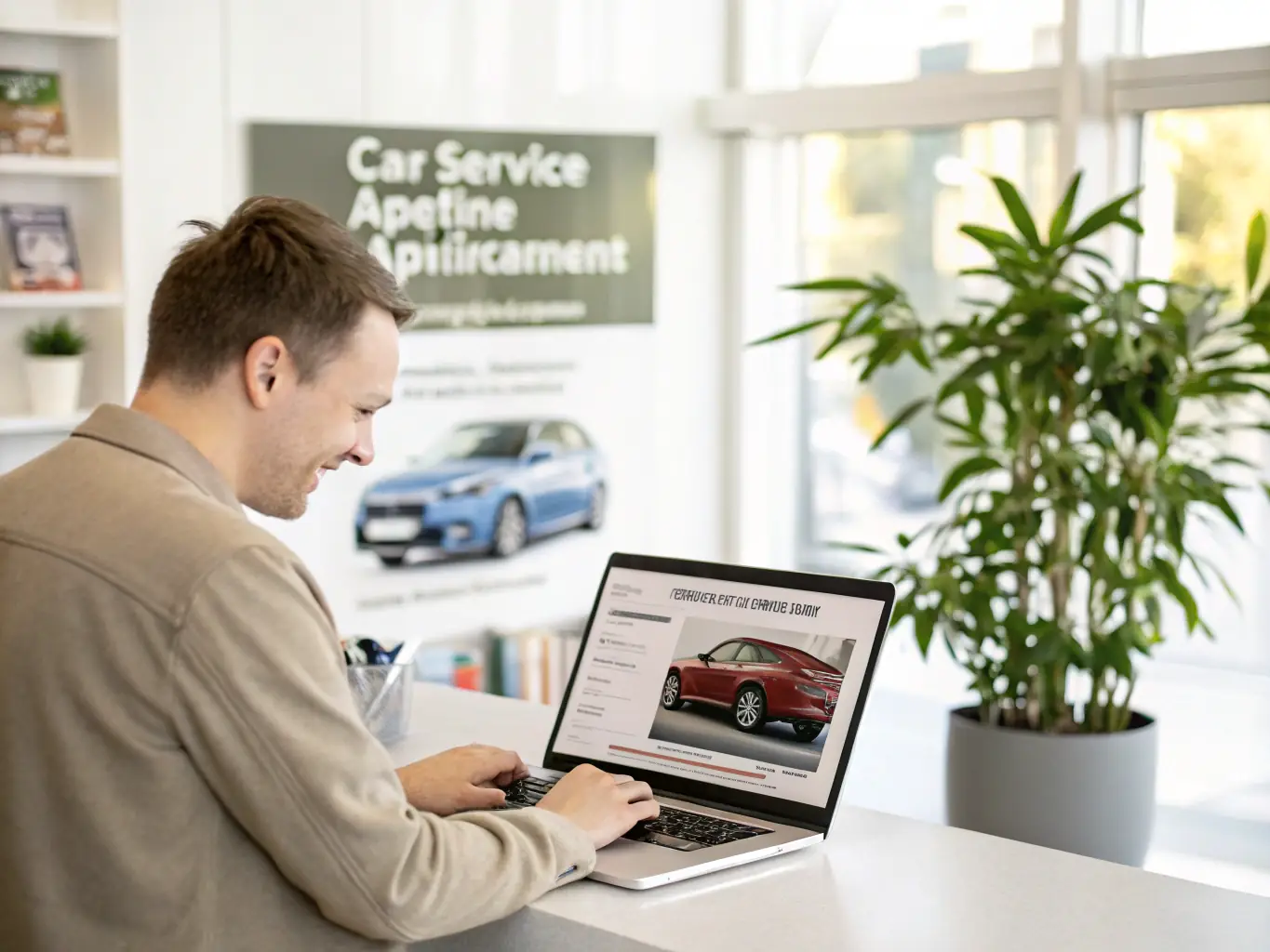 A welcoming image of a customer using a tablet to book a car service online, with a luxury car in the background and a friendly staff member assisting, showcasing easy and modern booking options.