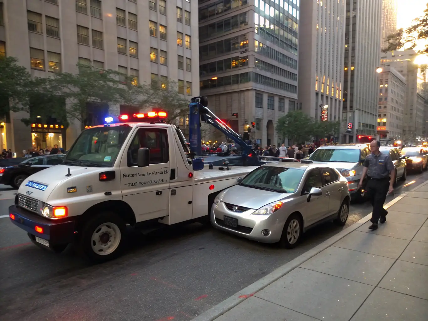 A high-resolution image of a professional tow truck safely recovering a luxury car on a city street, emphasizing reliability and expert recovery services for premium vehicles.