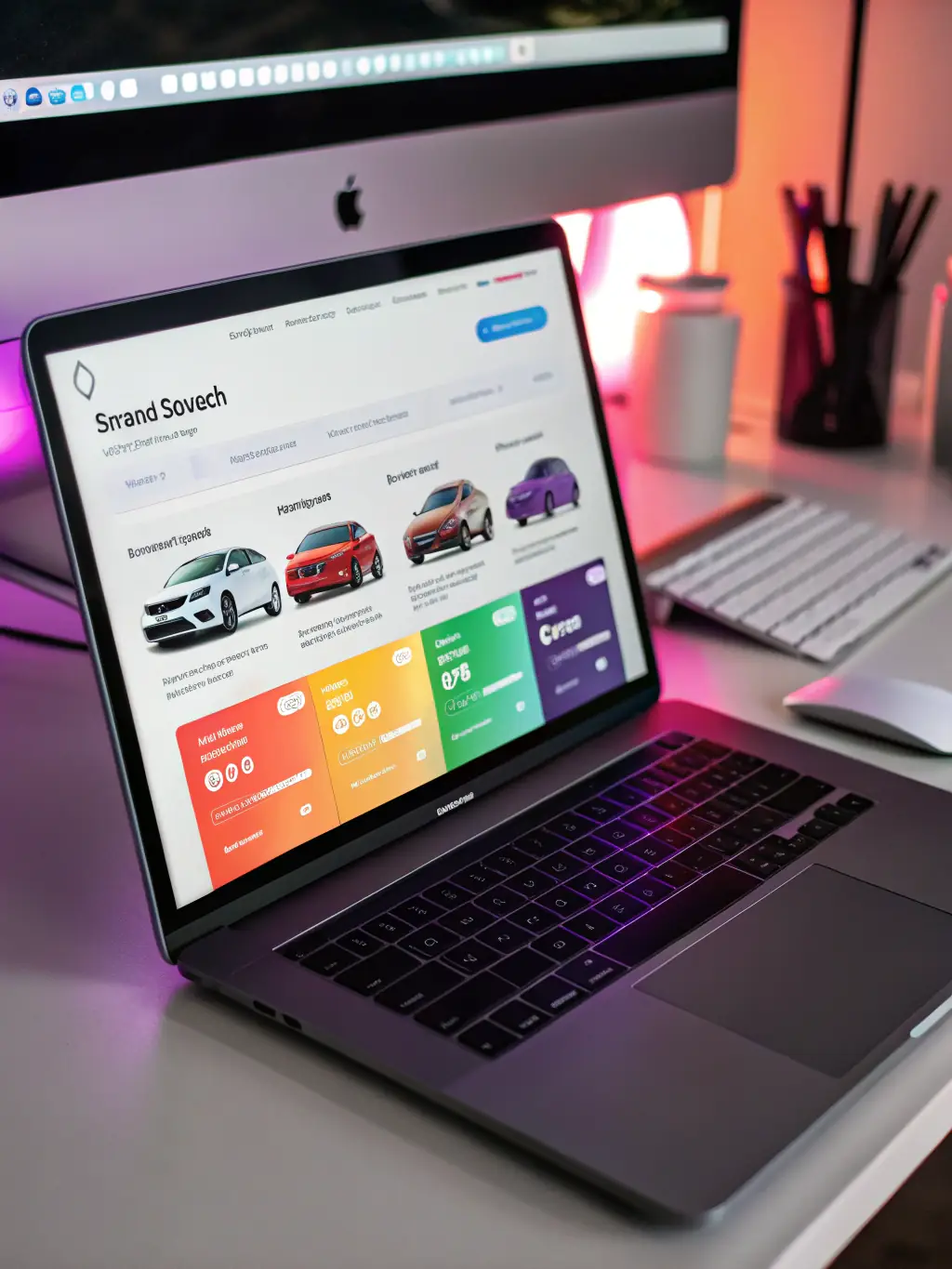 A modern, sleek search bar interface on a luxury car dealership website, featuring filter icons for budget, make, model, and year, with a black, white, and blue color palette.