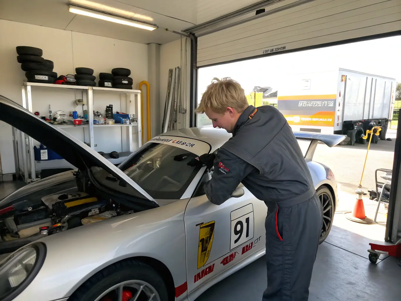 A detailed photo of a mechanic installing a custom performance exhaust on a high-end sports car inside a modern, clean workshop, highlighting advanced vehicle upgrades and customizations.
