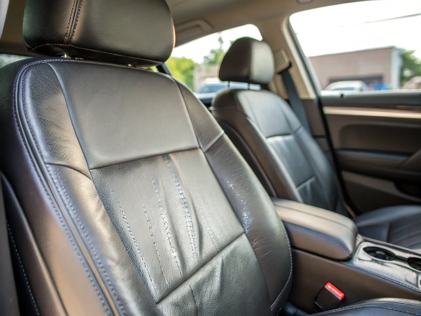 A detailed shot of a professional applying conditioner to leather seats, with visible before-and-after contrast showing restored, supple leather in a premium vehicle.