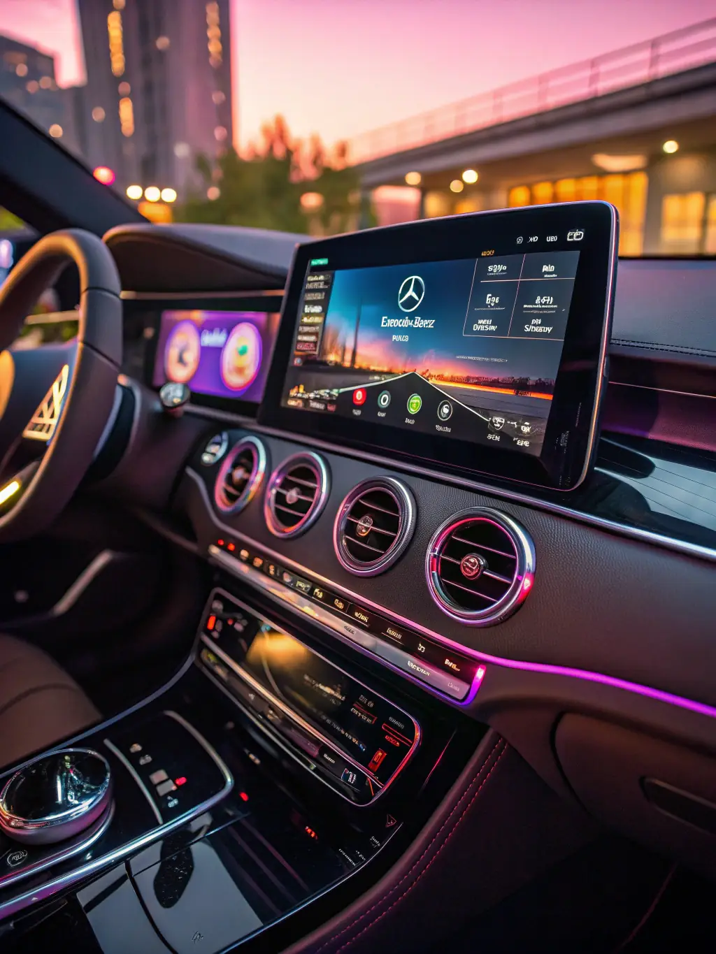 A digital interface showing year and mileage sliders, overlaid on a background of a luxury car dashboard and odometer.