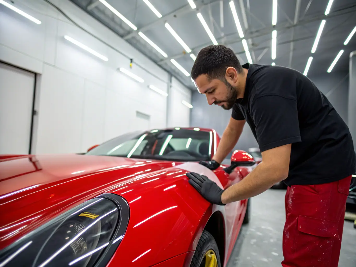 A high-resolution photo of a technician polishing the exterior of a sports car, with reflections showing a flawless, glossy finish under bright workshop lights.